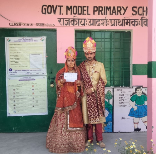 Lok Sabha elections 2024: A newly-married couple voted for the general elections today, at a polling booth in Pauri Garhwal today