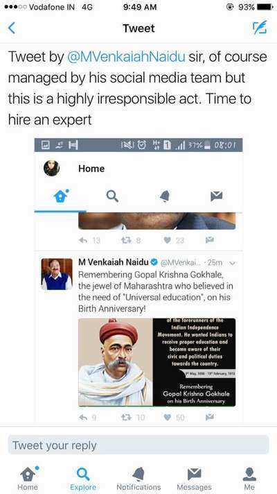 Venkaiah Naidu trolled over posting wrong picture of Gopal Krishna Gokhale on his Birth Anniversary