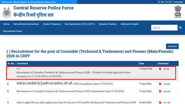 CRPF opens Constable Tradesman application correction window for candidates until May 23; check official notice here