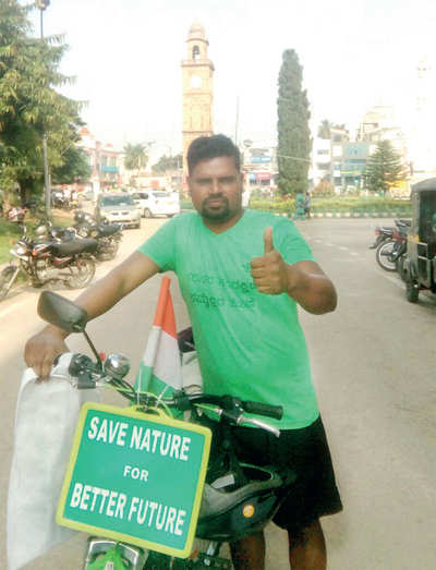 Mandya man cycles 886 km to spread awareness about protecting the environment