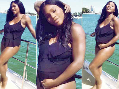 Tennis star Serena Williams shows off growing baby bump in a swimsuit