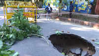 Part of road caves in at Central Delhi 