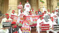 Samajwadi Party MLAs hold protest against UP govt ahead of assembly session 