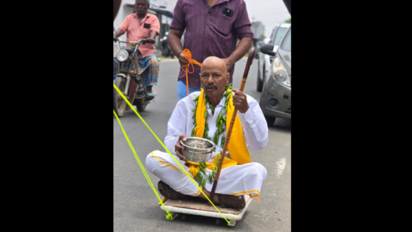 Tamil Nadu election 2026: Man comes to file nomination sitting on a wheeled board like a beggar