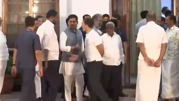 Leaders of the INDIA bloc after their meeting at the residence of Congress president Mallikarjun Kharge in Delhi