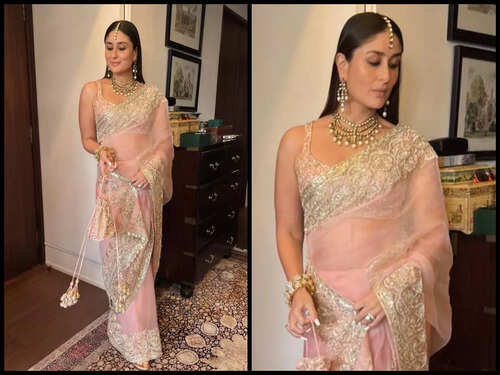 Pretty in pink! Kareena Kapoor Khan never fails to impress with her fashion outings. She looks gorgeous in a saree as she attends Ranbir Kapoor-Alia Bhatt's intimate wedding.