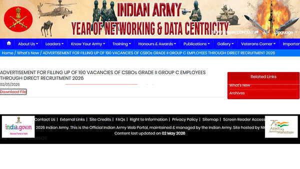 Indian Army CSBO Grade-II recruitment 2026 notification released for 190 posts; check details and application process