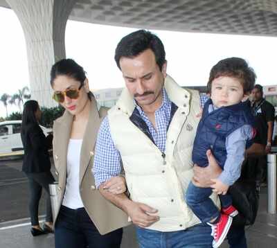 Taimur Ali Khan twinning at the airport with parents Saif Ali Khan, Kareena Kapoor Khan