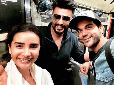 Arjun Kapoor, Rajkummar Rao and Patralekhaa on flight mode