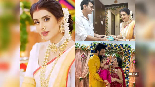 Charu Asopa decks up in a white nauvari saree as she bids adieu to Ganpati Bappa; Rajeev Sen and co-star Raja Chaudhary also join the celebrations