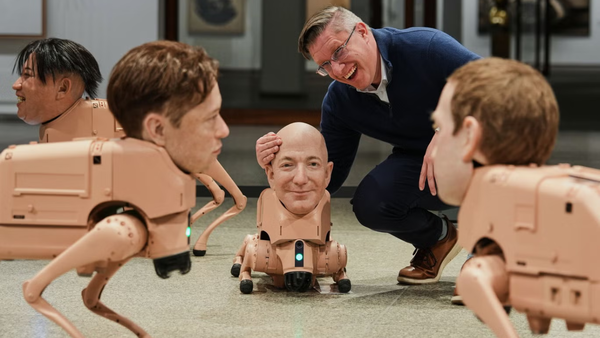 Billionaires turned AI dogs: Robot dogs with Elon Musk, Jeff Bezos and Mark Zuckerberg faces roam a Berlin museum