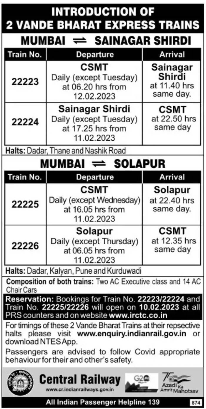 Schedule of  Vande-Bharat Express trains between Mumbai and Solapur and Mumbai and Sainagar Shirdi