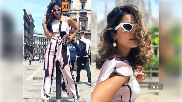 Hina Khan slays the streets of Switzerland in a one-shoulder pink jumpsuit