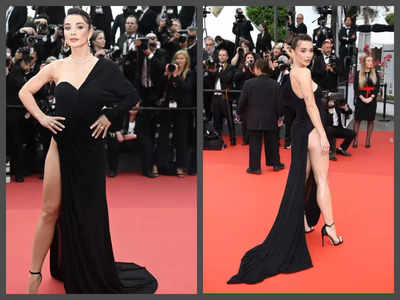 Cannes 2023: Amy Jackson slays it on the red carpet in a risqué black high-slit gown - See photos