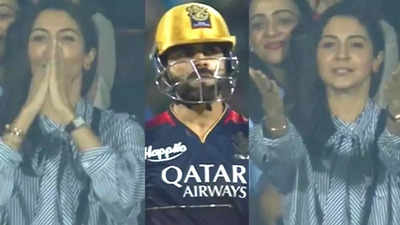 Anushka Sharma showers flying kisses to Virat Kohli as he hits century during RCB VS GT match, fans praise the couple