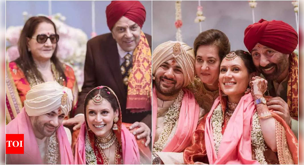 Dharmendra and his first wife Prakash Kaur, Sunny Deol and his wife Pooja pose with newlyweds Karan Deol and Drisha Acharya | Hindi Movie News