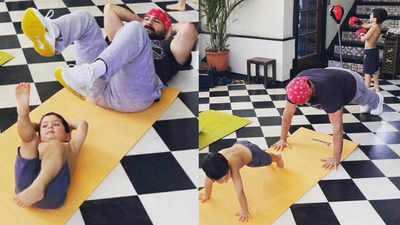 International Yoga Day: Kareena Kapoor drops picture of Saif Ali Khan and Jeh's yoga session while Taimur practices boxing in the background. CHECK OUT