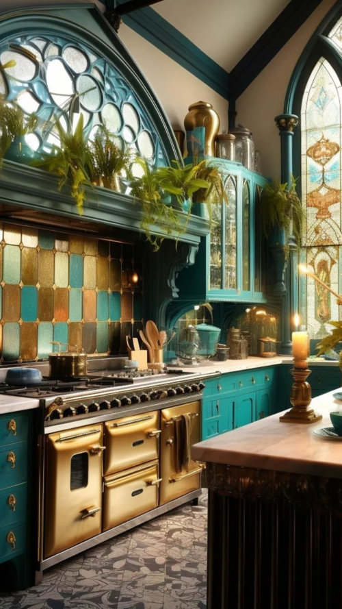 AI generates Hogwarts-like Teal-blue kitchen