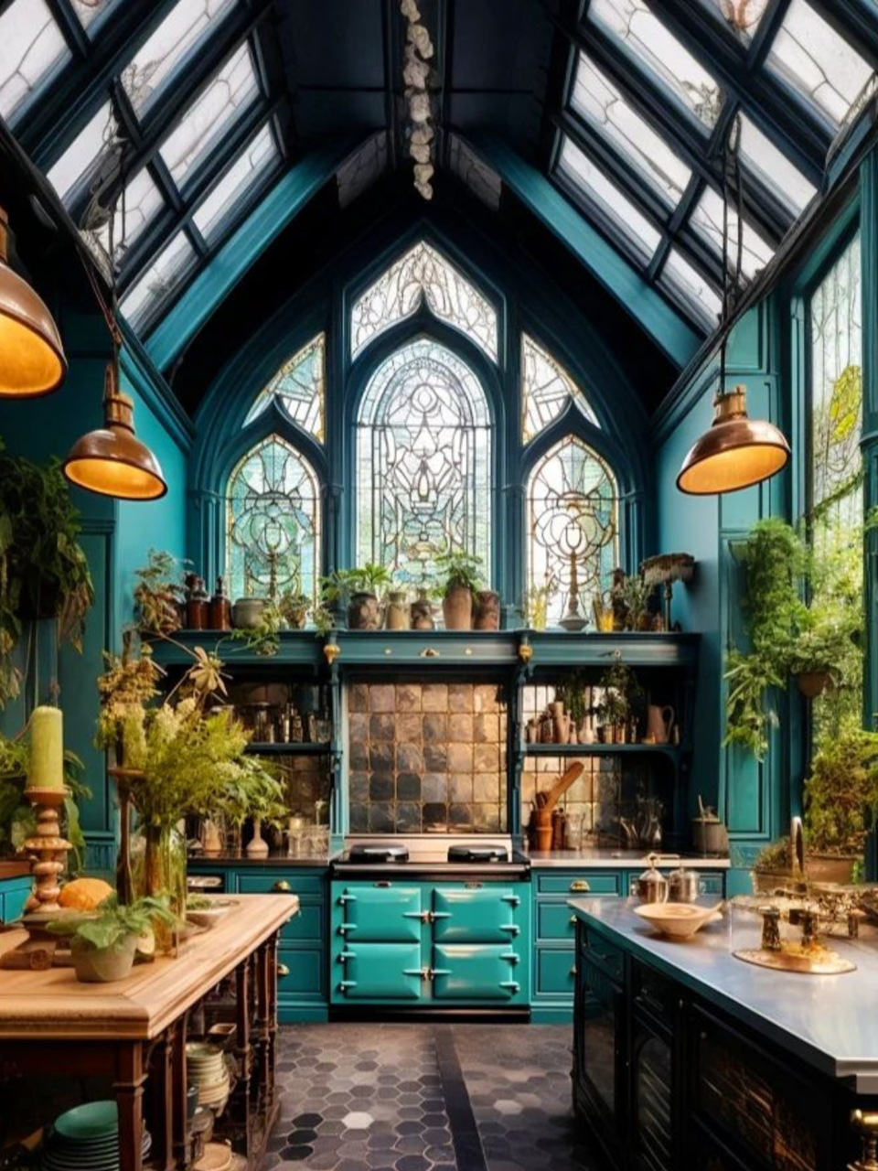 AI generates Hogwarts-like Teal-blue kitchen