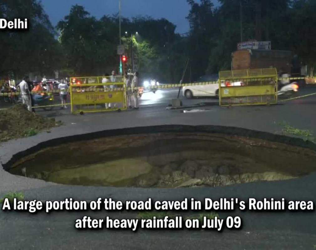 
Delhi: Road caves in Rohini after heavy rainfall, no injuries reported
