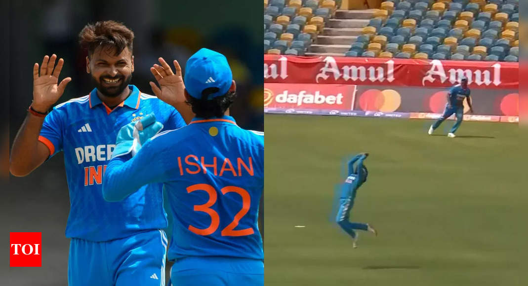 India Vs West Indies: WATCH: Ravindra Jadeja’s stunning catch for debutant Mukesh Kumar’s maiden ODI wicket | Cricket News – Times of India