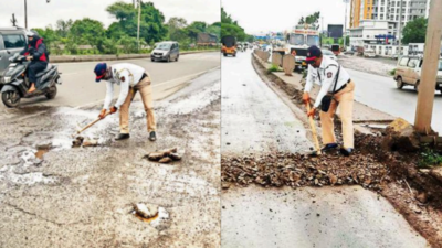 Traffic cops fill potholes in Bavdhan, Wakad, Hinjewadi and Bhosari to ease flow of traffic