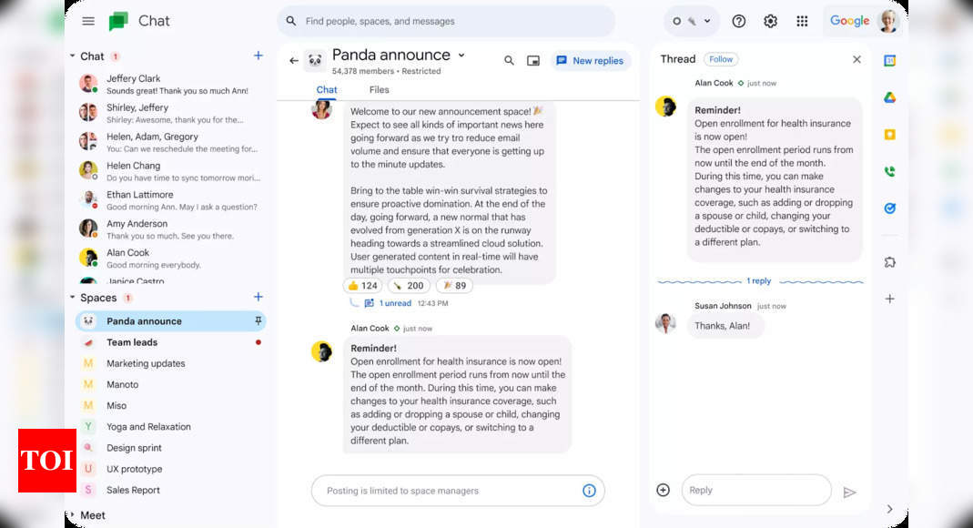 Google Chat Workspace: Google starts rolling out in-line replies within announcement spaces in Chat, here’ how it works – Times of India