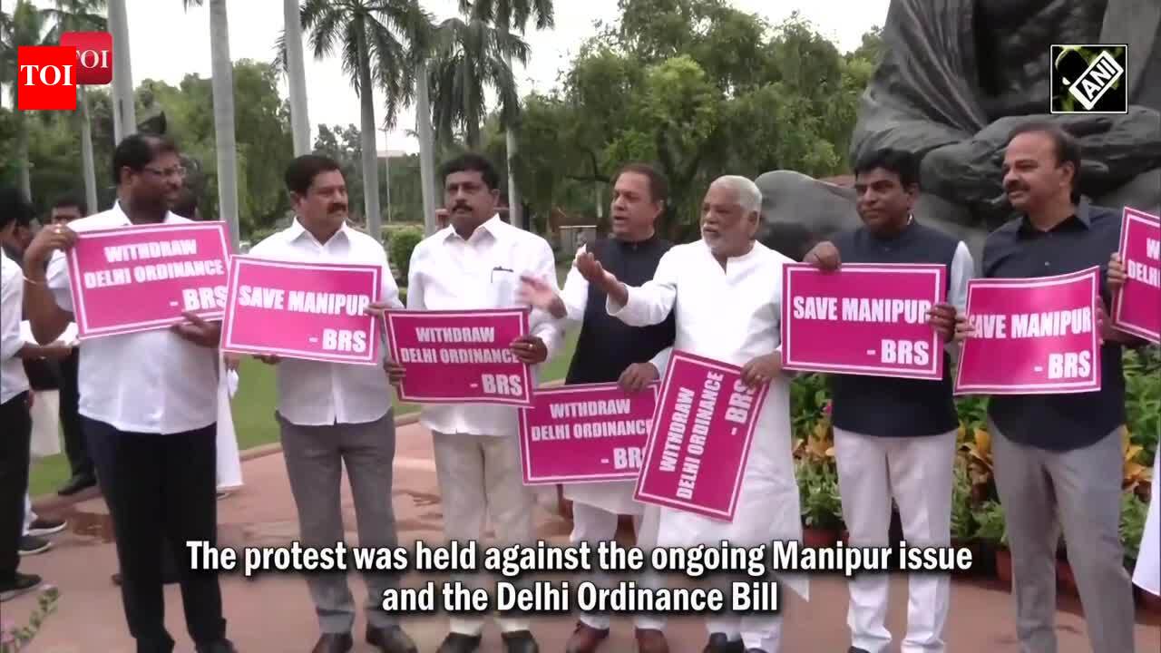 protest: BRS MPs hold protest in front of Gandhi Statue in Parliament ...