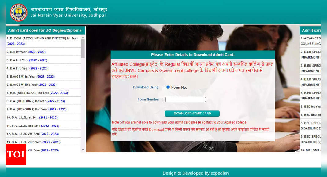 Jai Narain Vyas University releases admit cards for B.A.LL.B. and B.B.A.LL.B. exams on jnvuiums.in
