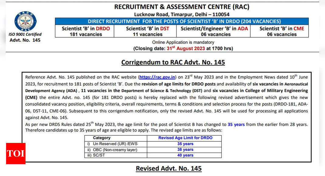 DRDO Recruitment 2023: Apply Online For Scientist B 204 Vacancies ...