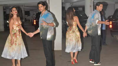 Kiara Advani looks beautiful in shimmer makeup, Sidharth Malhotra looks dashing in printed shirt, couple walks hand-in-hand