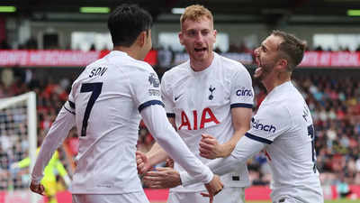 Dejan Kulusevski of Tottenham Hotspur celebrates after scoring the