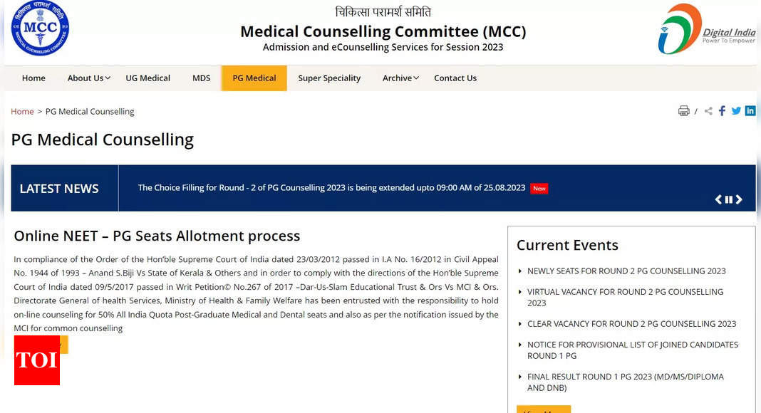 NEET PG Seat Allotment Result 2023 for Round 2 releasing tomorrow at mcc.nic.in, direct link here – Times of India