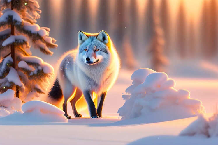 Arctic fox playing in snow in Arctic tundra