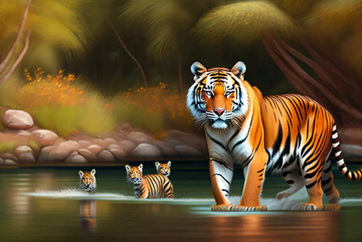 A Bengal tiger with cubs in a jungle with sal trees