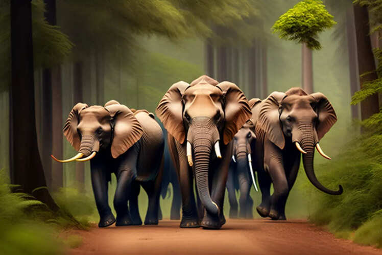 Asiatic elephants crossing a dense terai forest in India