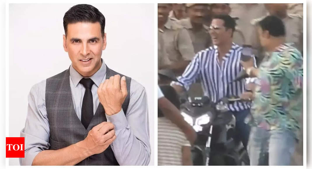 Akshay Kumar rides a motorcycle, greets fans with folded hands in Sitapur as he shoots for ‘Sky Force’ amidst high security – WATCH video | Hindi Movie News – Times of India