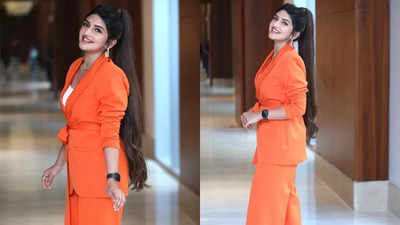 In pics: Sreeleela shines in orange pantsuit at SIIMA 2023 press meet