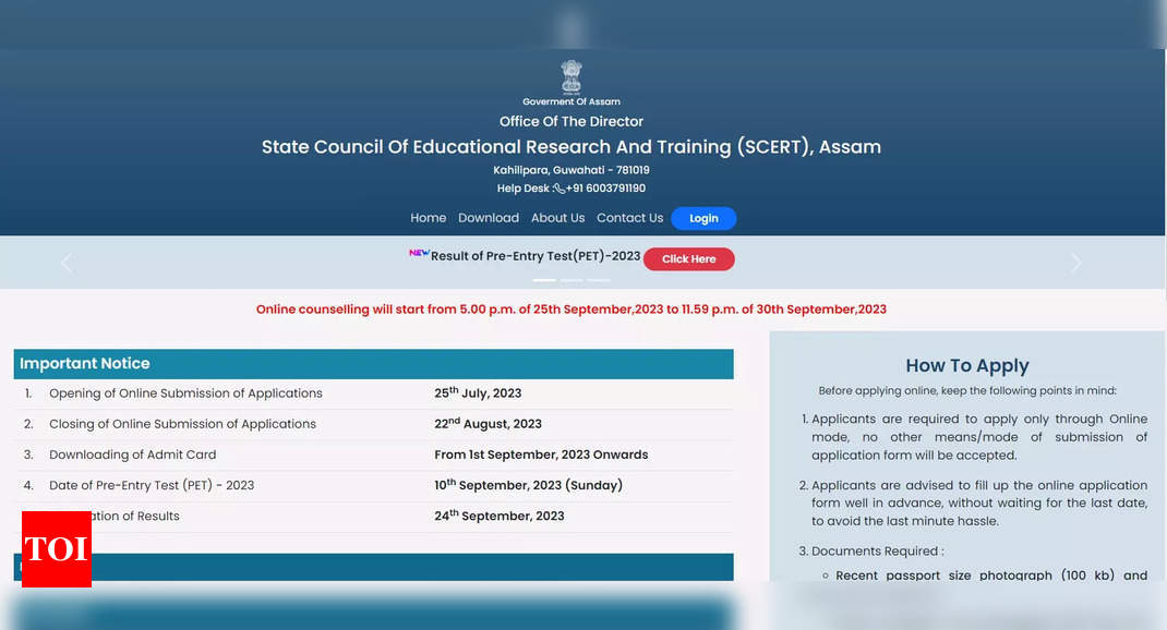 Assam DElEd Counselling 2023 registration begins today at scertpet.co.in, direct link here