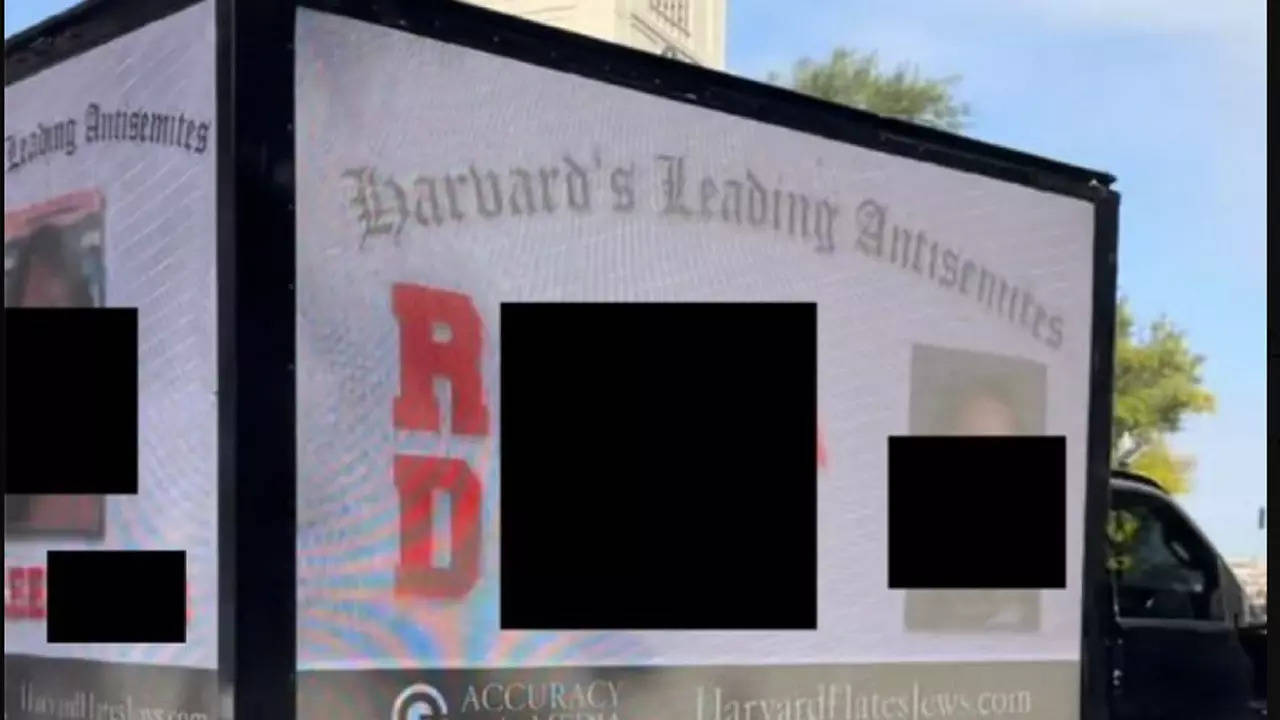 Mobile billboard at Columbia University shows names and faces of students  allegedly linked to anti-Israel statement