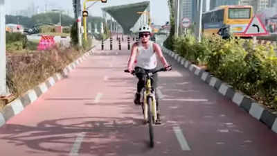 Actress and Ex-Bigg Boss contestant Vithika Sheru bicycles around Hyderabad
