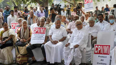 CPI(M) leaders hold symbolic dharna in solidarity with Palestinian people, call for ceasefire