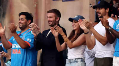 ODI Cricket World Cup 2023: Check out viral pictures of Kiara Advani, Sidharth Malhotra, and Hardik Pandya cheering for team India with English footballer David Beckham at Wankhede Stadium