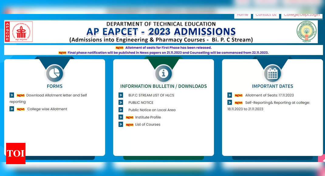 AP EAMCET BiPC Seat Allotment Result 2023 out at