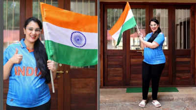 Mommy to be Sai Lokur flaunts her baby bump in blue jersey; cheers for team India on world cup finale