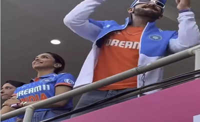 Ranveer Singh and Deepika Padukone enjoy the India vs. Australia World Cup Final