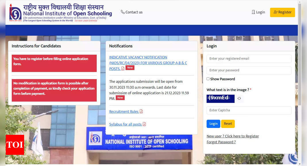 National Institute of Open Schooling Recruitment 2023: Apply for Group A, B, and C Vacancies by December 21; Direct link
