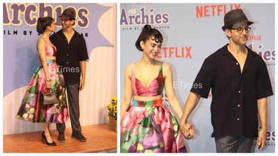 Hrithik Roshan can't stop looking at Saba Azad as they pose for the paparazzi; walk hand-in-hand at 'The Archies' premiere - See photos