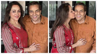 Hema Malini plants a kiss on hubby Dharmendra’s cheek during his 88th birthday celebrations