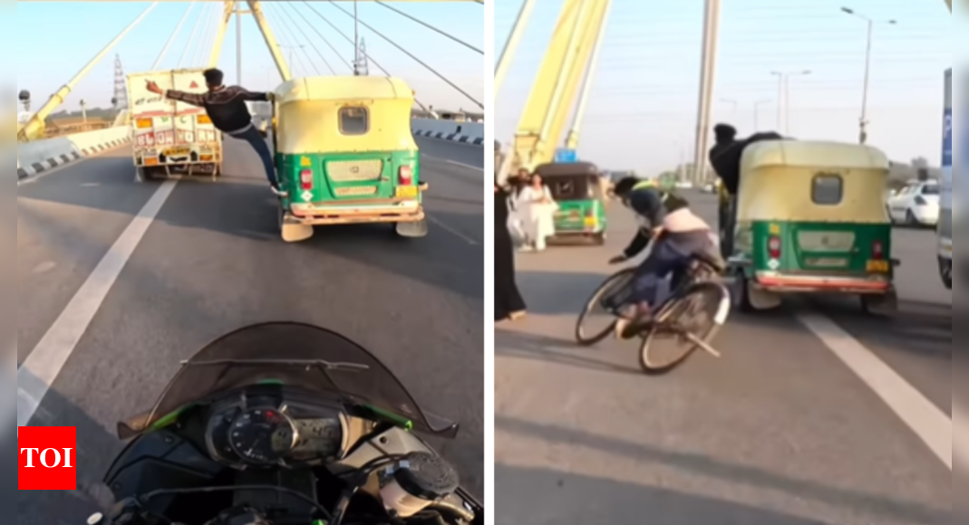 Man’s reckless stunts on speeding auto knocks off cyclist on Delhi’s Signature Bridge